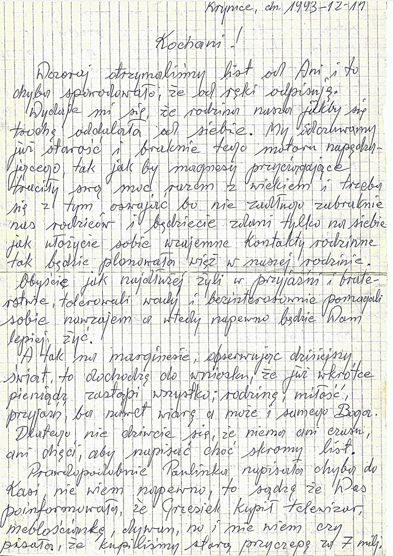 Zdjecie przykladowy list pisany przez Tate do córki Ani, o scalaniu rodziny. Listy były pisane regularnie w naszej rodzinie